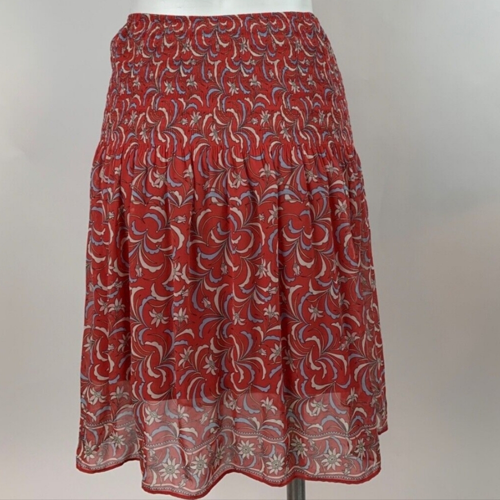 MAX STUDIO light red/blue art deco floral smocked waist skirt, size medium
